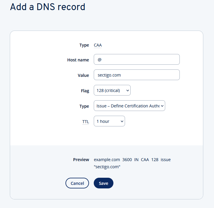 Formulario para añadir un registro CAA en IONOS